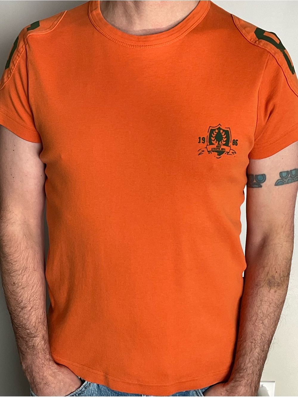 Mexx Orange Crew Neck Tee with Green Shoulder Numbers
